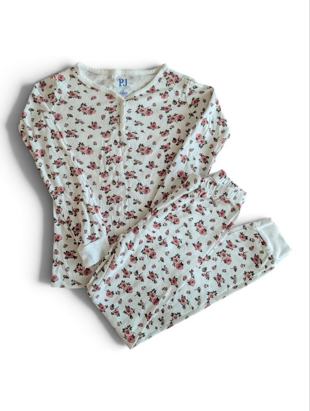PJ Place Girls Cream/White and Pink Floral Two-Piece Pajama Set Size 8